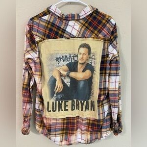 Upcycled Luke Bryan Flannel Bleach Dyed Button Down Shirt Country Concert NWT